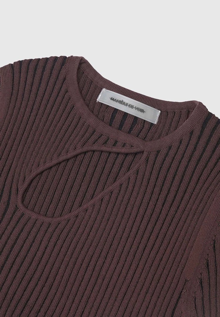 Woman Tops Keyhole Knitted Two Tone Top - Brown TOPS & T SHIRTS