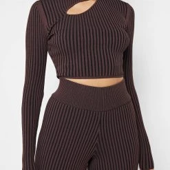 Woman Tops Keyhole Knitted Two Tone Top - Brown TOPS & T SHIRTS