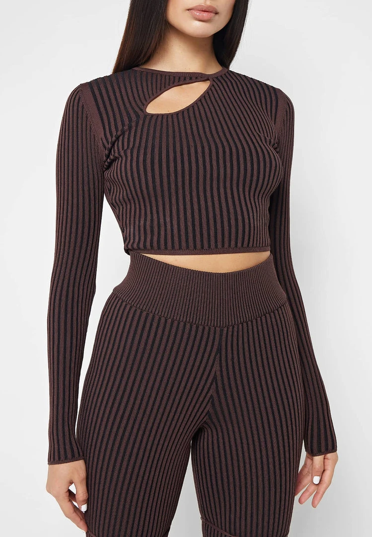 Woman Tops Keyhole Knitted Two Tone Top - Brown TOPS & T SHIRTS