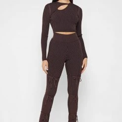 Woman Tops Keyhole Knitted Two Tone Top - Brown TOPS & T SHIRTS