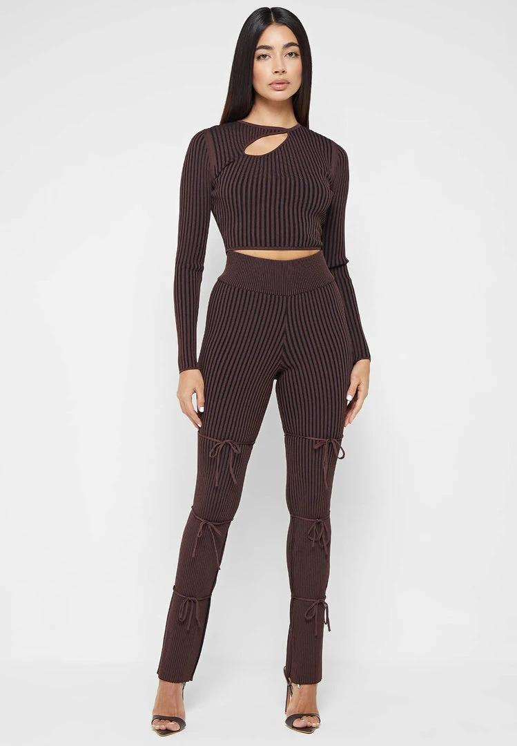 Woman Tops Keyhole Knitted Two Tone Top - Brown TOPS & T SHIRTS