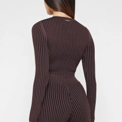 Woman Tops Keyhole Knitted Two Tone Top - Brown TOPS & T SHIRTS