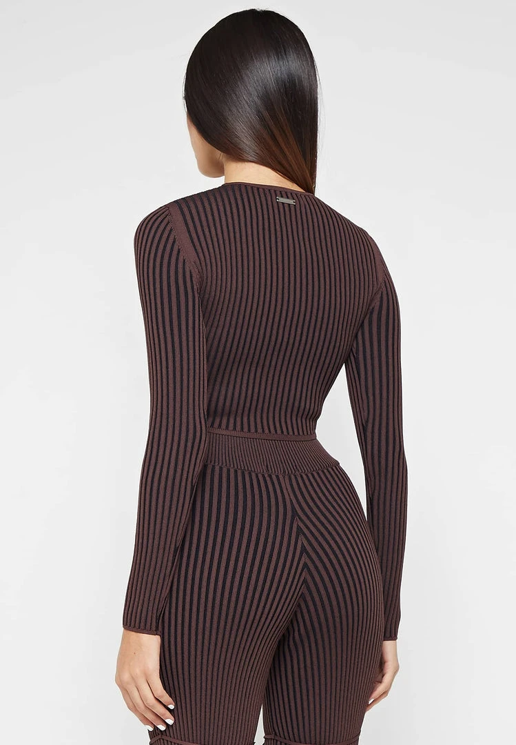 Woman Tops Keyhole Knitted Two Tone Top - Brown TOPS & T SHIRTS