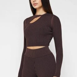 Woman Tops Keyhole Knitted Two Tone Top - Brown TOPS & T SHIRTS