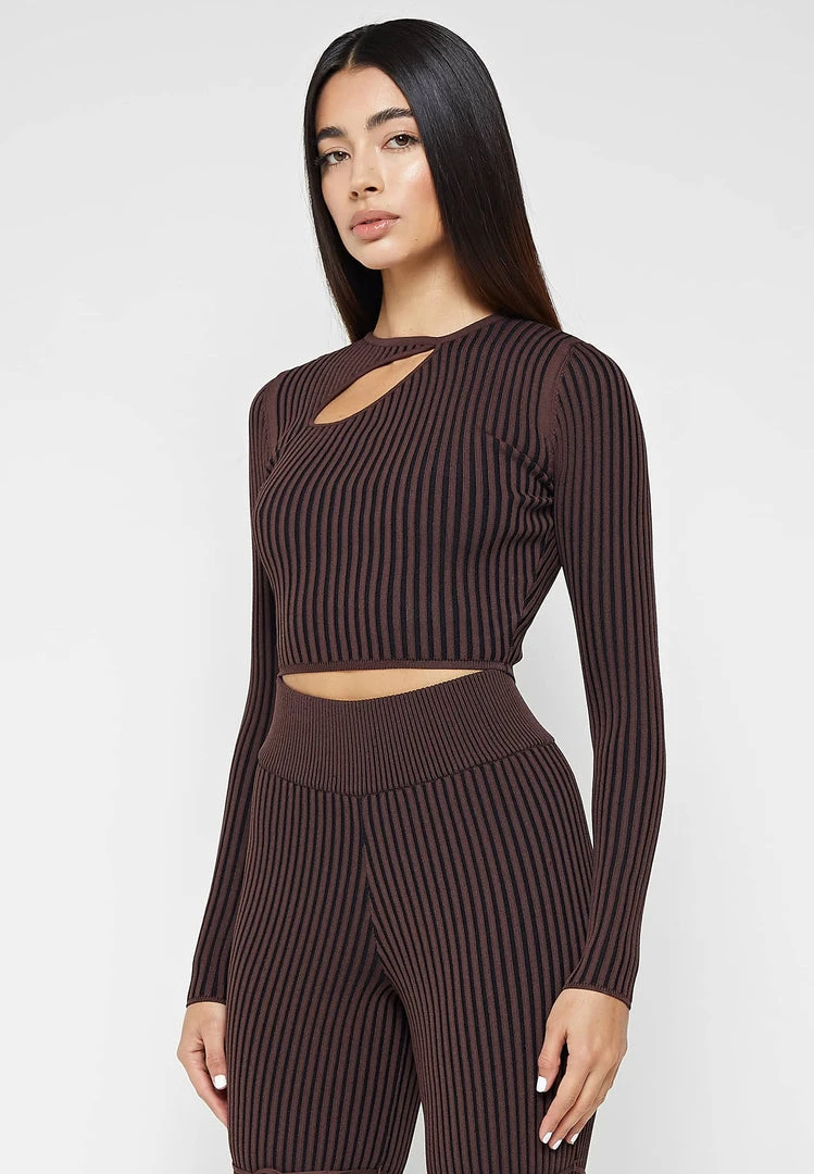 Woman Tops Keyhole Knitted Two Tone Top - Brown TOPS & T SHIRTS