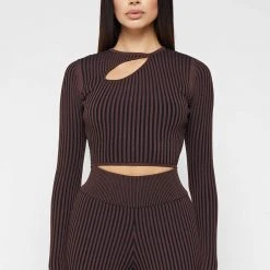 Woman Tops Keyhole Knitted Two Tone Top - Brown TOPS & T SHIRTS