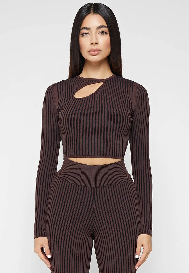 Woman Tops Keyhole Knitted Two Tone Top - Brown TOPS & T SHIRTS