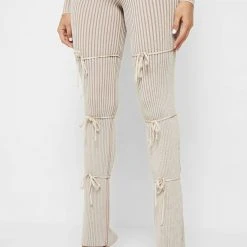 Woman Trousers Knitted Two Tone Trousers With Ties - Beige