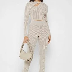 Woman Trousers Knitted Two Tone Trousers With Ties - Beige