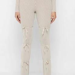 Woman Trousers Knitted Two Tone Trousers With Ties - Beige