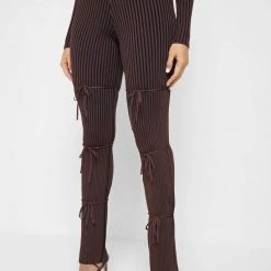 Woman Trousers Knitted Two Tone Trousers With Ties - Brown