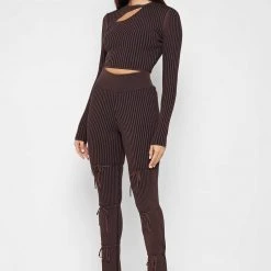 Woman Trousers Knitted Two Tone Trousers With Ties - Brown