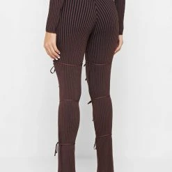 Woman Trousers Knitted Two Tone Trousers With Ties - Brown