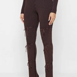 Woman Trousers Knitted Two Tone Trousers With Ties - Brown