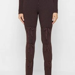 Woman Trousers Knitted Two Tone Trousers With Ties - Brown