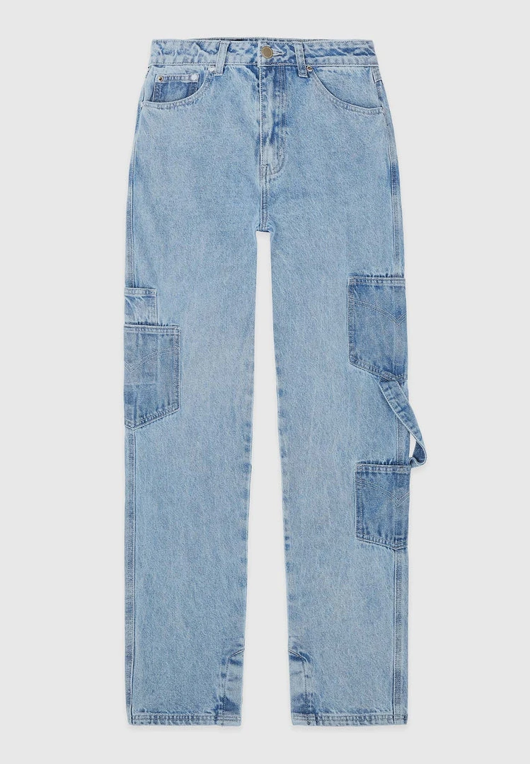 Woman Denim Denim Cargo Mom Jeans - Mid Blue