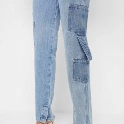 Woman Denim Denim Cargo Mom Jeans - Mid Blue
