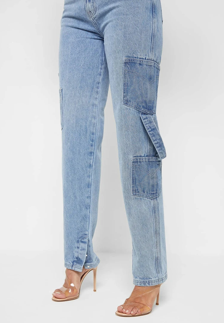 Woman Denim Denim Cargo Mom Jeans - Mid Blue