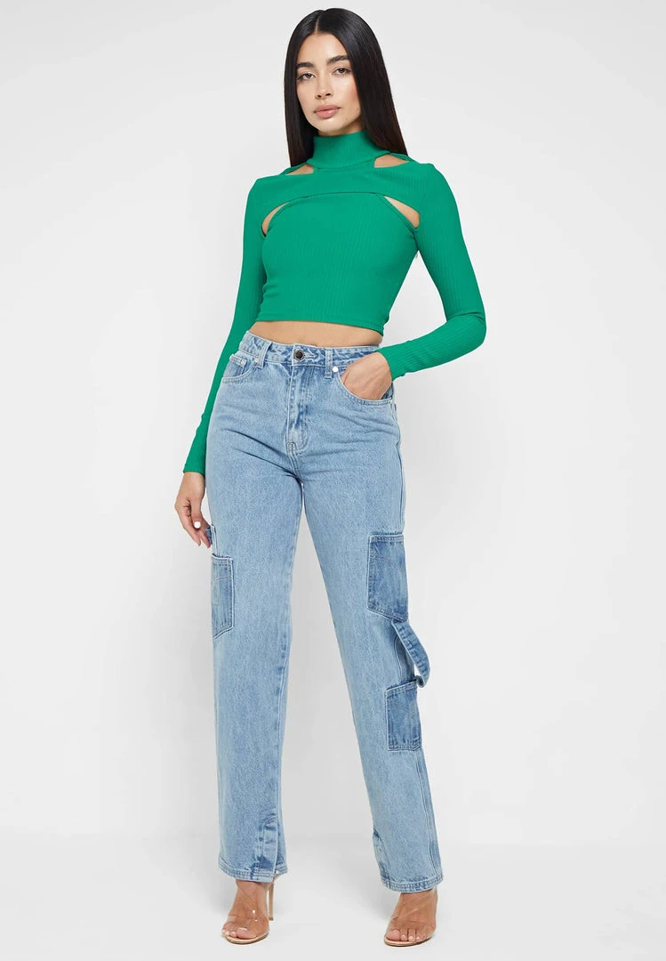 Woman Denim Denim Cargo Mom Jeans - Mid Blue