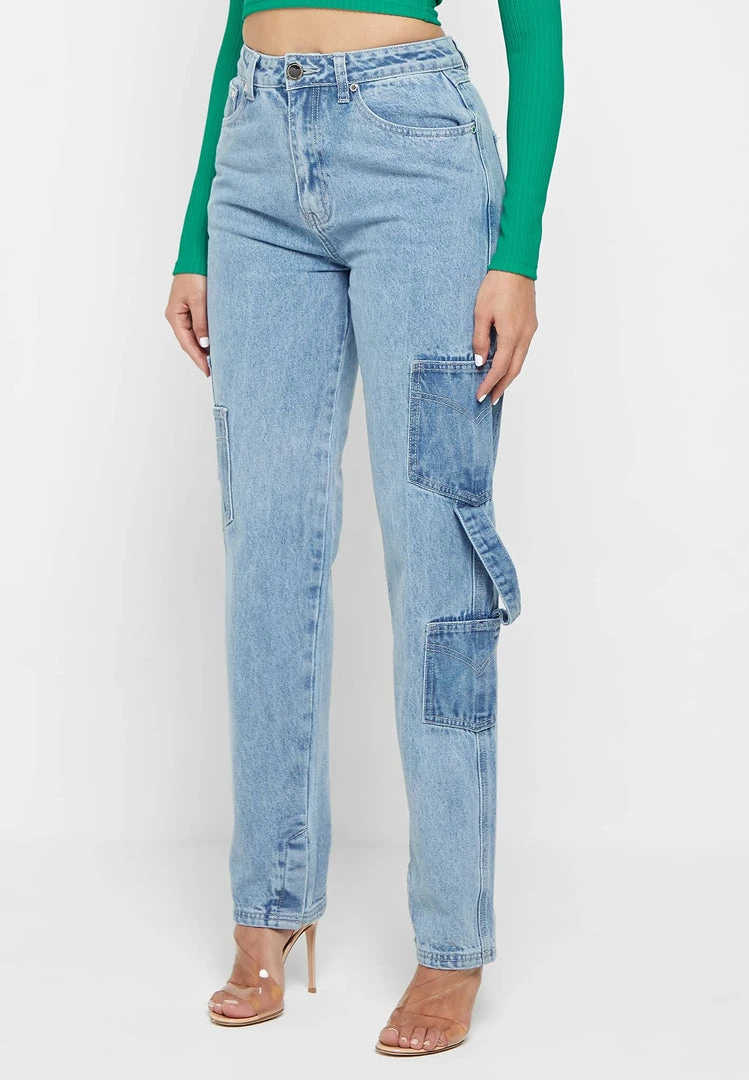 Woman Denim Denim Cargo Mom Jeans - Mid Blue