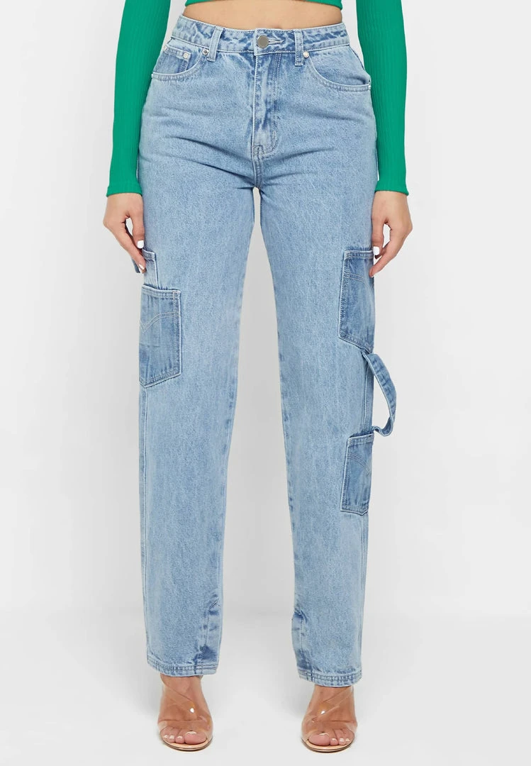 Woman Denim Denim Cargo Mom Jeans - Mid Blue