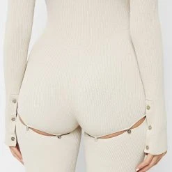 Woman Jumpsuits Knitted Cut Out Playsuit - Beige JUMPSUITS & PLAYSUITS