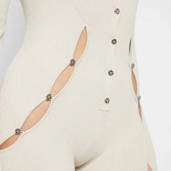 Woman Jumpsuits Knitted Cut Out Playsuit - Beige JUMPSUITS & PLAYSUITS