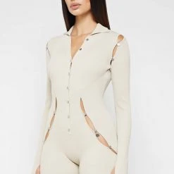 Woman Jumpsuits Knitted Cut Out Playsuit - Beige JUMPSUITS & PLAYSUITS