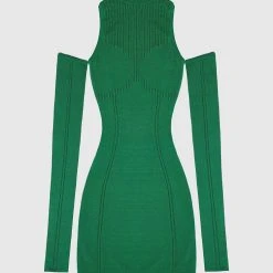 Woman Dresses Knitted High Neck Contour Dress - Green