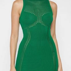 Woman Dresses Knitted High Neck Contour Dress - Green
