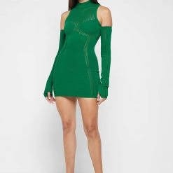 Woman Dresses Knitted High Neck Contour Dress - Green