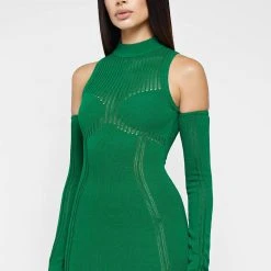 Woman Dresses Knitted High Neck Contour Dress - Green