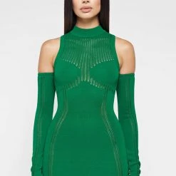 Woman Dresses Knitted High Neck Contour Dress - Green