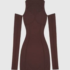Woman Dresses Knitted High Neck Contour Dress - Brown