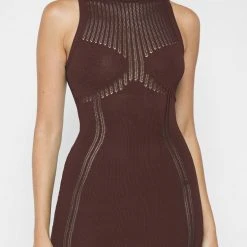 Woman Dresses Knitted High Neck Contour Dress - Brown