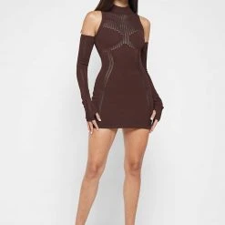 Woman Dresses Knitted High Neck Contour Dress - Brown