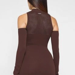 Woman Dresses Knitted High Neck Contour Dress - Brown