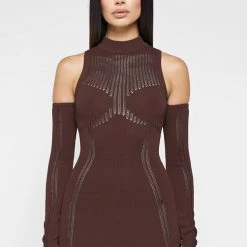 Woman Dresses Knitted High Neck Contour Dress - Brown