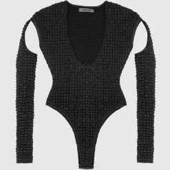 Woman Tops Vegan Leather Popcorn Cut Out Bodysuit - Black BODYSUITS