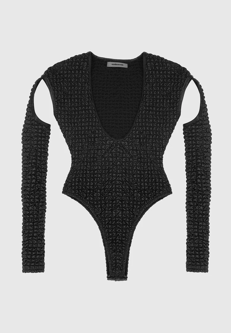 Woman Tops Vegan Leather Popcorn Cut Out Bodysuit - Black BODYSUITS