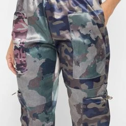 Woman Trousers Satin Camo Cargo Pants - Khaki CARGO PANTS & JOGGERS