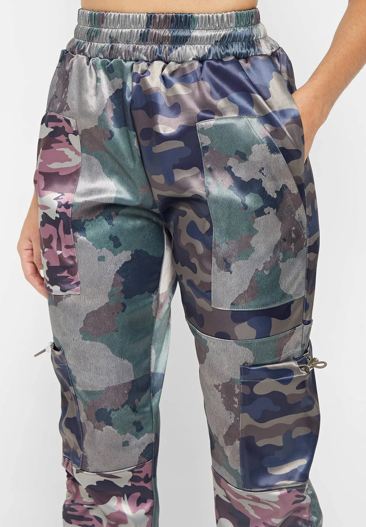 Woman Trousers Satin Camo Cargo Pants - Khaki CARGO PANTS & JOGGERS