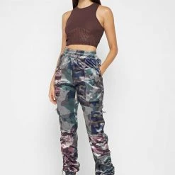 Woman Trousers Satin Camo Cargo Pants - Khaki CARGO PANTS & JOGGERS