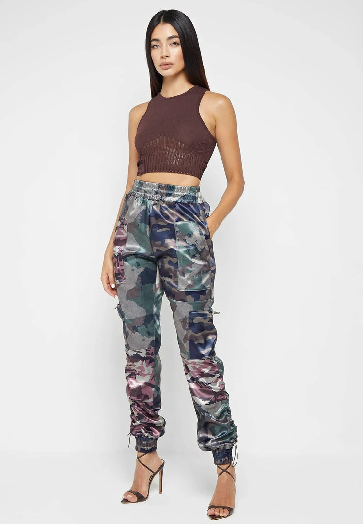 Woman Trousers Satin Camo Cargo Pants - Khaki CARGO PANTS & JOGGERS