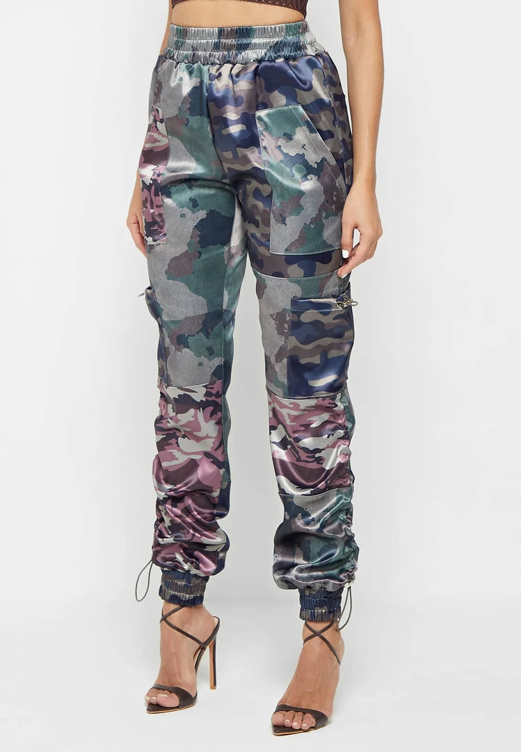 Woman Trousers Satin Camo Cargo Pants - Khaki CARGO PANTS & JOGGERS