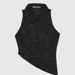 Woman Tops Asymmetric Shirred Mesh Top - Black