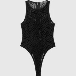 Woman Tops Mesh Zebra Print Racer Bodysuit - Black BODYSUITS