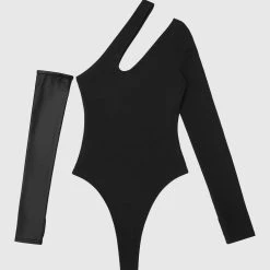 Woman Tops Asymmetric Bodysuit With Vegan Leather Sleeve - Black