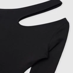 Woman Tops Asymmetric Bodysuit With Vegan Leather Sleeve - Black