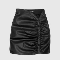 Woman Skirts Vegan Leather Ruched Mini Skirt - Black